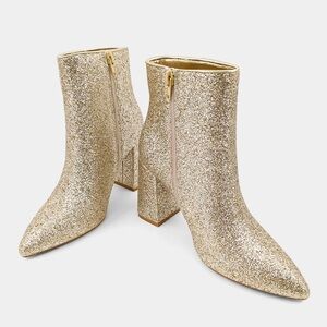 Shu Shop Veronica Gold Glitter Heeled Booties Ankle Boots New